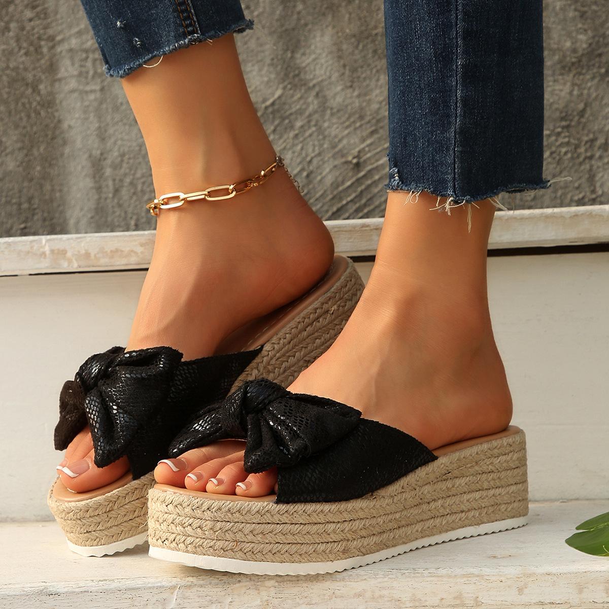 

Summer round head large size 40-43 outer wear bow hemp rope thick-soled cool slippers women s sandals 43 чорний