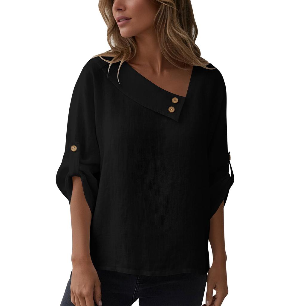 Women's Fashion Casual 3/4 Sleeve Button-Up T-Shirt Pullover Top
