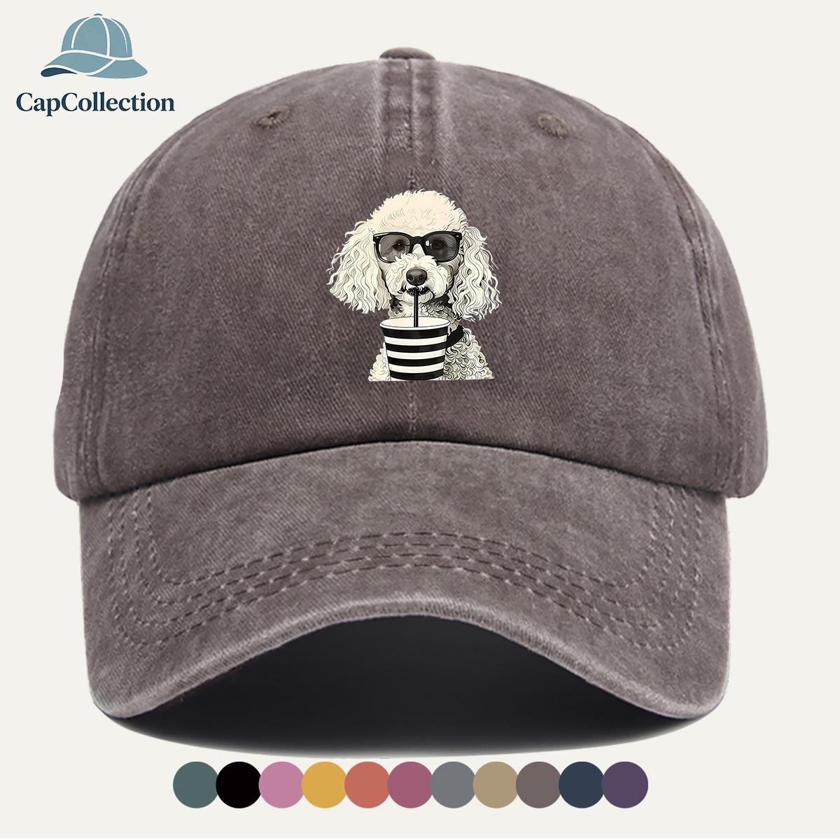pc Trendy Poodle Print Baseball Cap Fashionable Black And White Design Curly Dog Wearing Glasses And Drinking Fun Pattern Uni 1pc