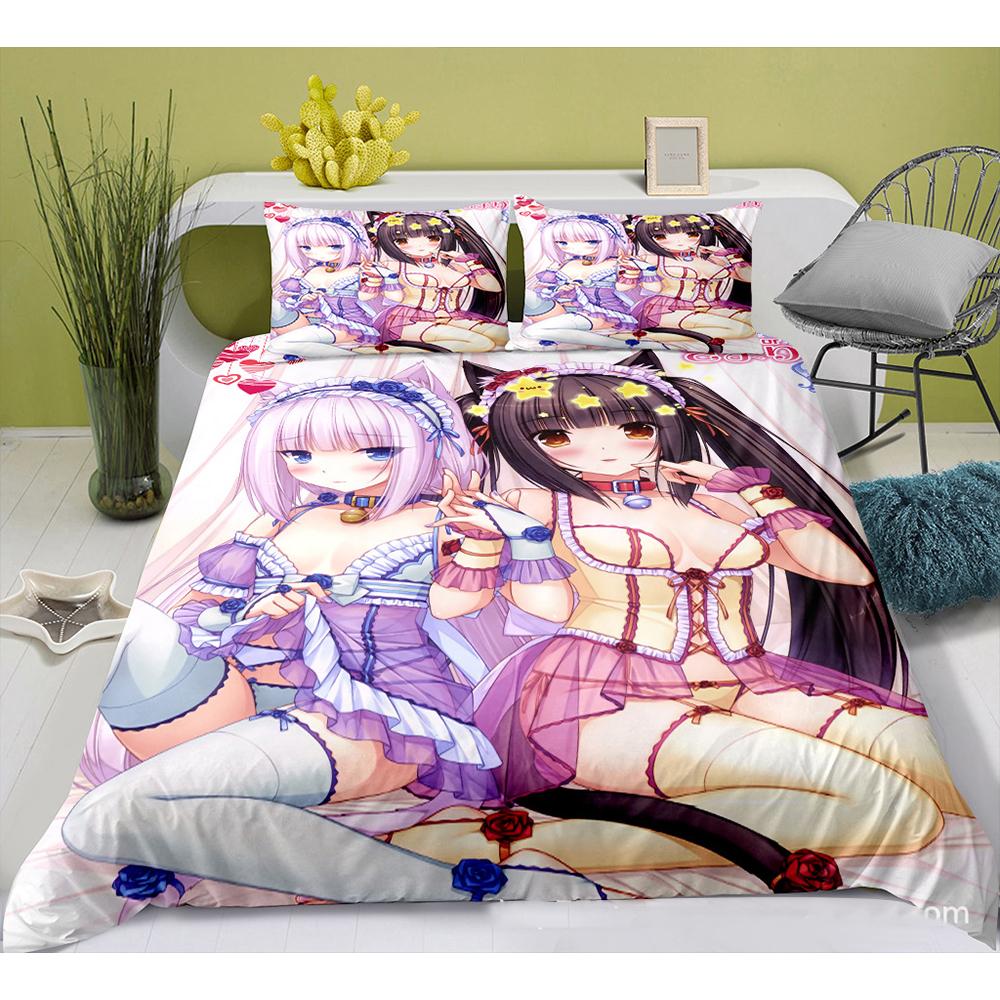 Милый аниме-кот горничная узор Nekopara 3 шт. Коллекция постельного белья Игровой принт Пододеяльник и наволочка Декор спальни для отаку подростков EU Twin 135x200cm