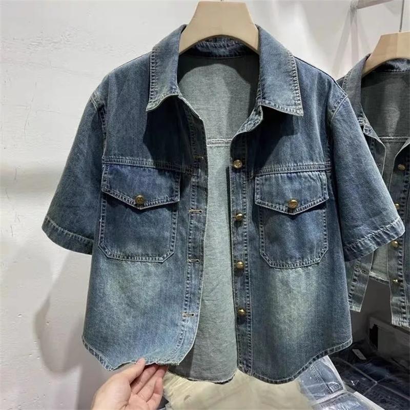 Women's Denim Shirt Spring Summer Loose Short Sleeve Ladies Cowboy Tops Temperament Single-breasted Lady Leisure Blouse
