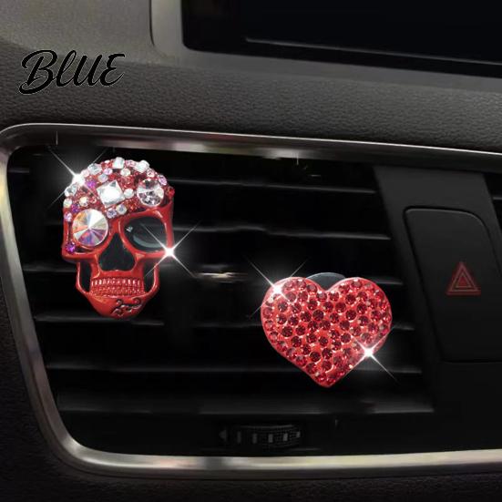 Totenkopf Herz Auto Dekoration 2 Stück Bling Lüftungsschlitz Clips Strass Glänzend Duft Diffusor Armaturenbrett Zierleiste Clip Lustiger Kopf Auto Innenraum Ornament Halloween