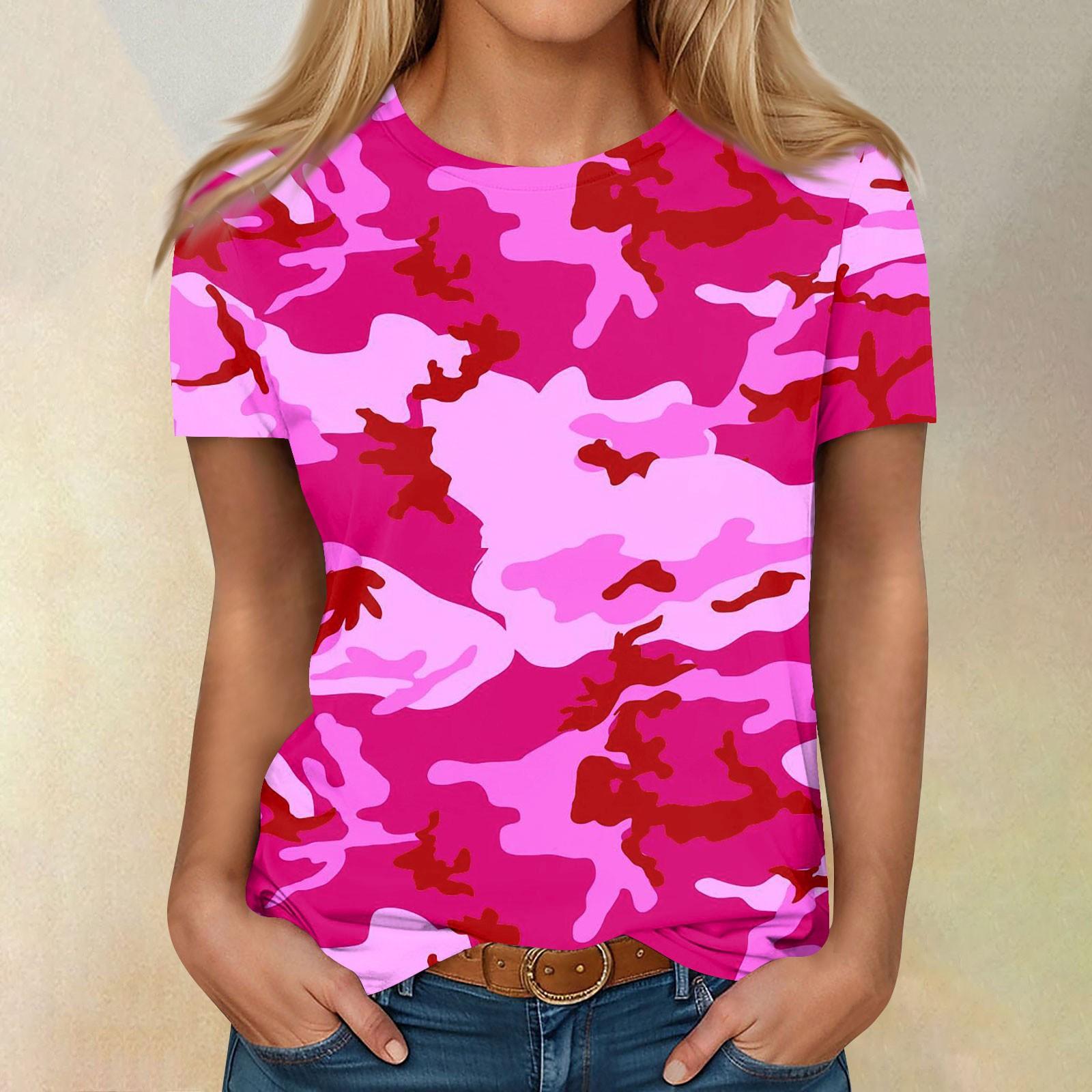 Women s Pink Camouflage T-Shirt Casual Short Sleeve Crew Neck Top Soft Cotton Blend for Everyday Comfort XXXXL