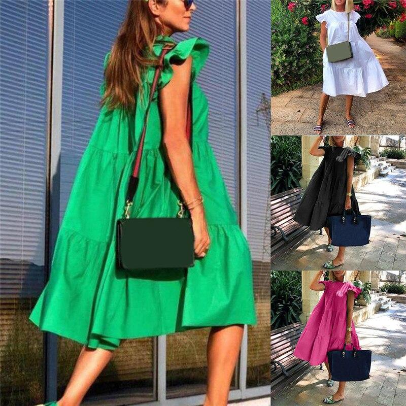 Women Dress Short Sleeve Pleated Long Dresses Fashion Bohemian Dress Solid Loose Summer Dresses