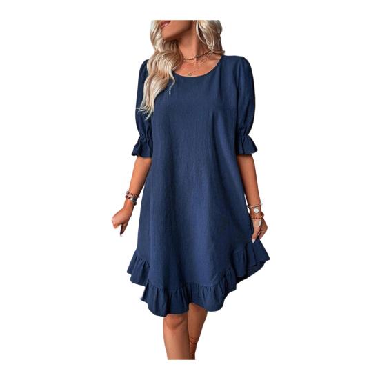 Women's Summer Cotton Linen Dress Casual Crew Neck Short Sleeve Midi Dress Beach Vacation Ruffle Hem Loose Dress