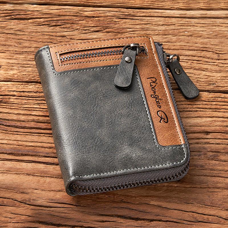 Retro Wallet for Men Zipper Short Leather Men's Wallet Multifunctional Pocket Bifold Purse Fashion Bank Credit Card Holder