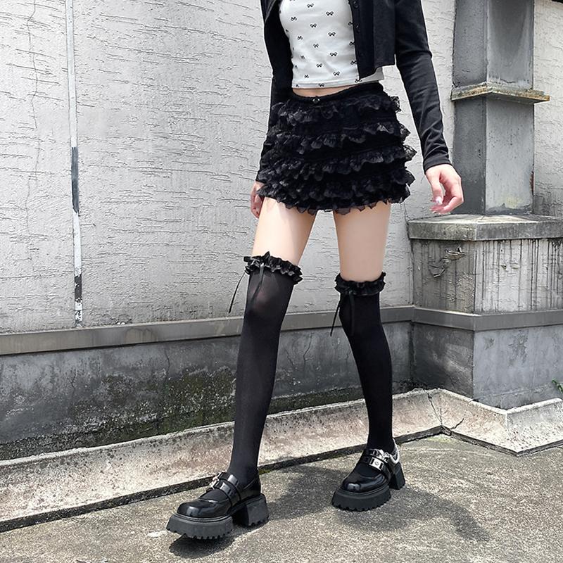 1Pair Lolita Long Tube Nylon Spring and Summer Over The Knee Thin Bow Girl's Lace