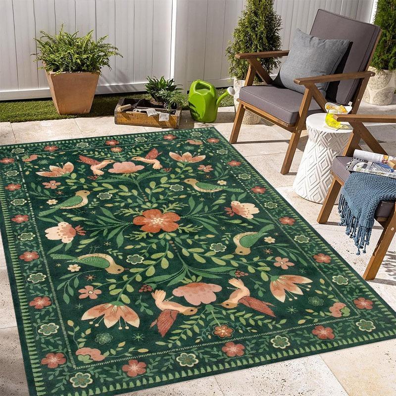 Bohemian Floral Bird Print Area Rug, Non-Slip, Easy Clean, Machine Washable Polyester, Perfect for Entryway, Room, Patio Decor