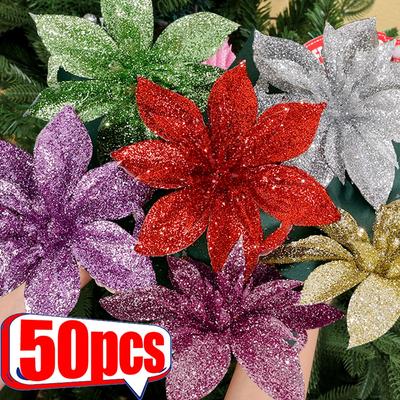 Flori artificiale de Crăciun cu sclipici Decor pentru agățat pentru brad de Crăciun Flori false Aur Argintiu Ornamente pentru cadou simulate de Anul Nou