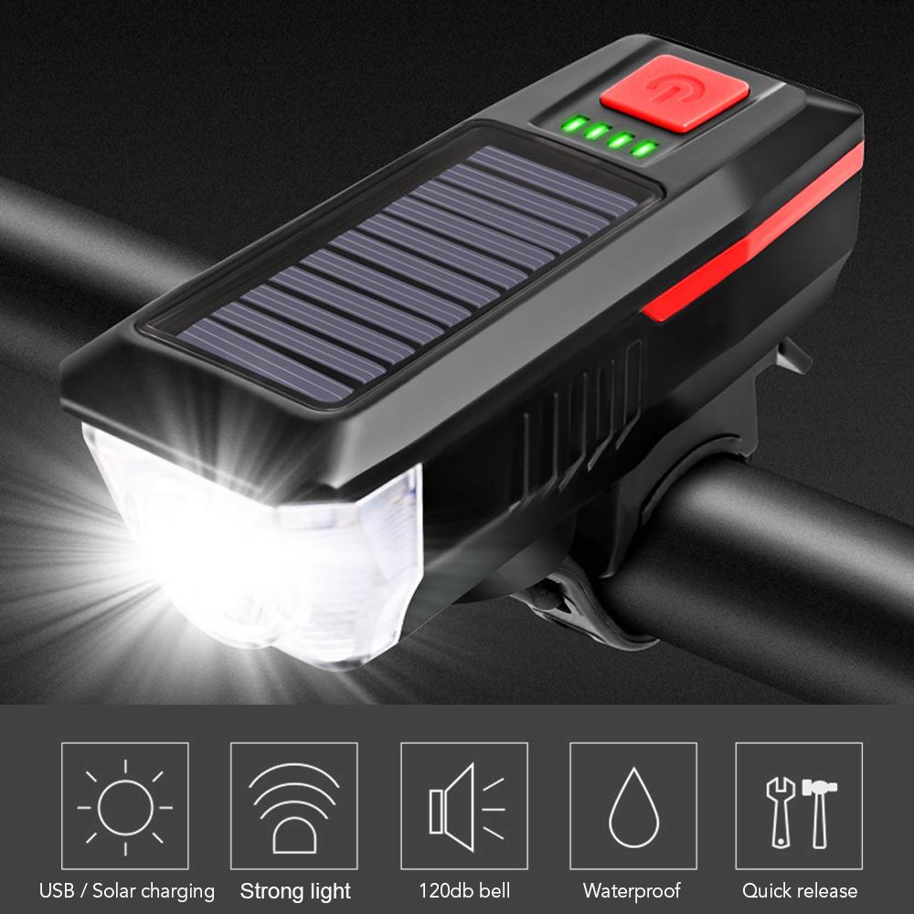 Solar-charged / USB Charging Bike Light Waterproof with 3 Lighting Modes 5 Sounds Fits Mountain Road Bike