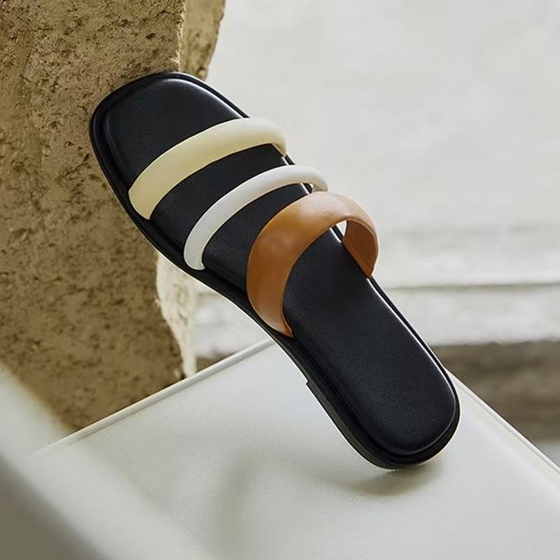 White-naped crane fashion bottom thick heel flat sandals women open-toed creative double belt sandals beach