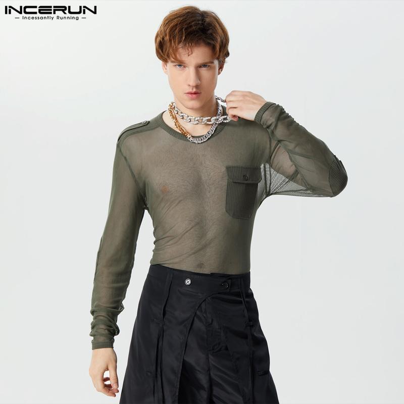

INCERUN Мужские сетчатые топы с круглым вырезом и длинными рукавами
