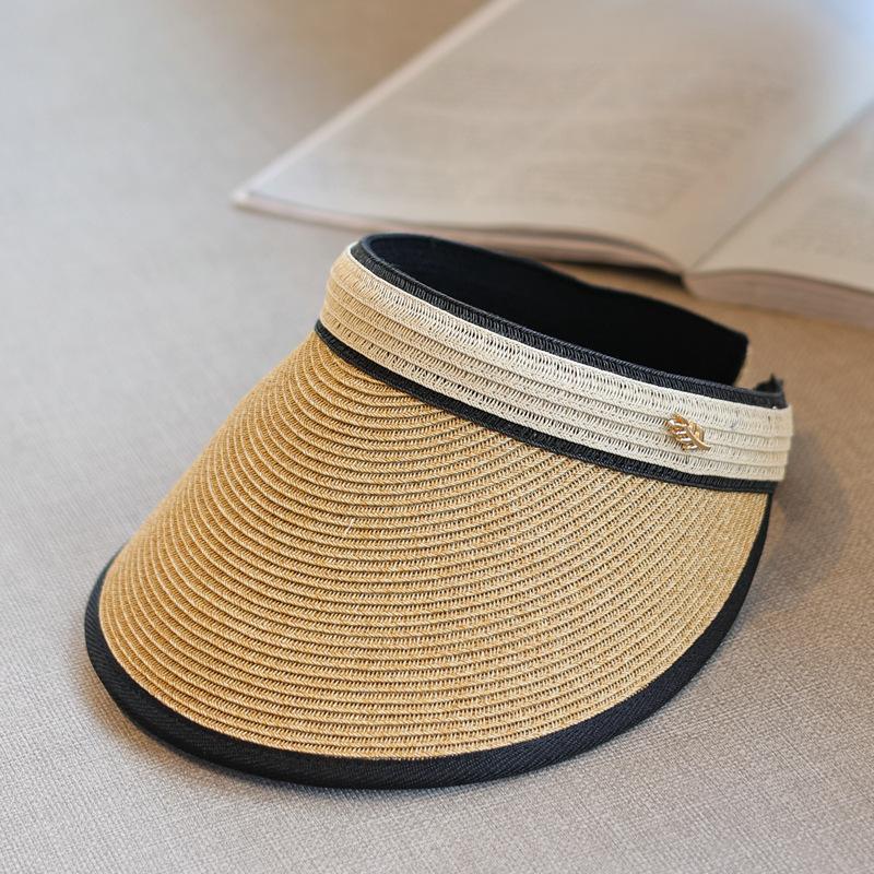 Contrast Color Webbing~ Small Standard Casual Fashion Straw Empty Top Hat Seaside Beach Sun Protection Cap Summer