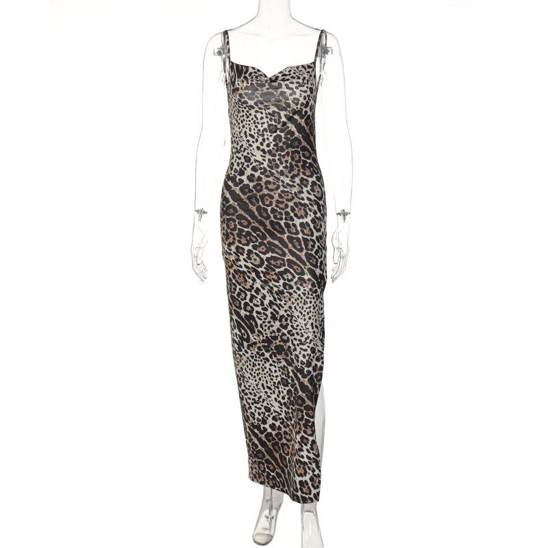 European and American Style Women s Clothing 2024 Summer New Fashion Printed Sexy Backless Slit Strap Dress Foreign Trade Leopard Print S