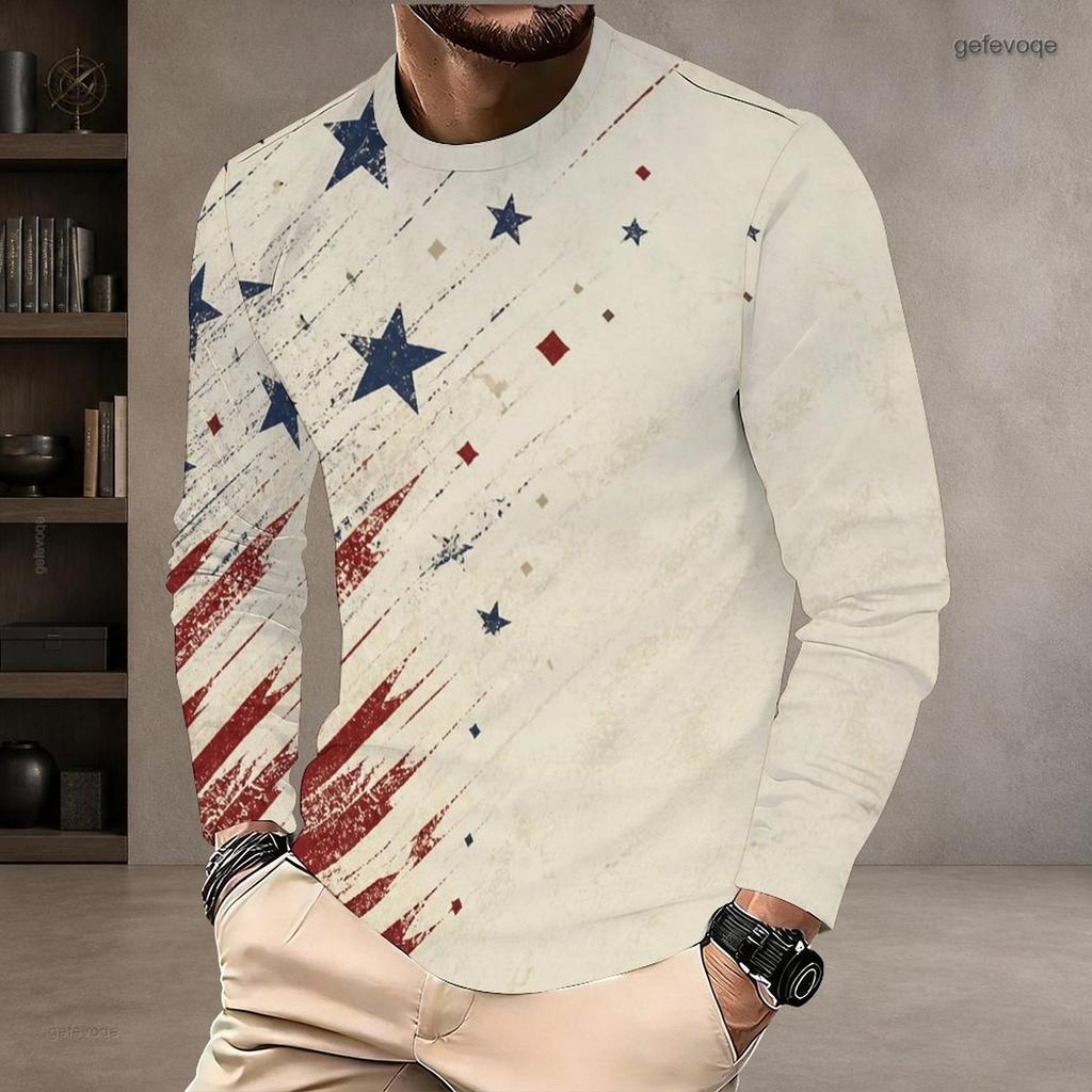 Men S Plus Size Round Neck Long Sleeve Vintage American Flag Printed Pullover T Shirt Straight Hem