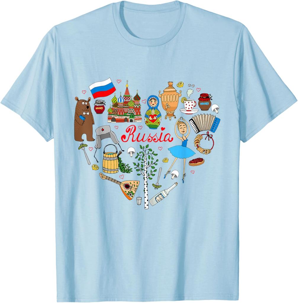 Russia Symbols Heart Collage Graphic Tee Breathable Casual Trip T-Shirt For Men