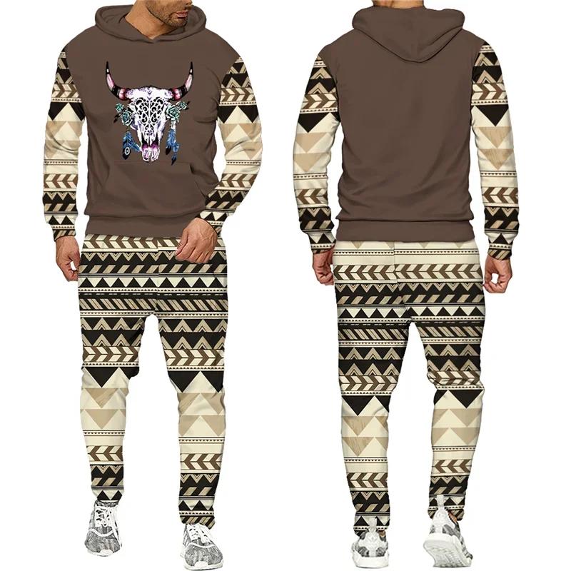 New Men 2 Pieces Tracksuit National Cow Skull 3D Print Casual Hoodies Sweatpants Sets Fashion Hip Hop Street Clothing Suits