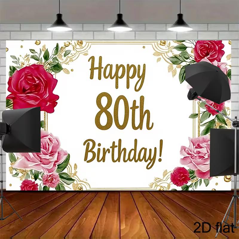 2D Watercolor Pink Rose 80th Birthday Backdrop for Milestone Party Photo Booth Decor