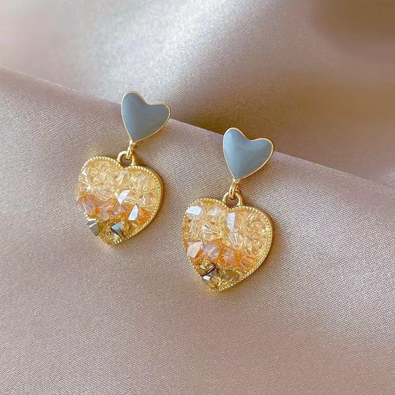 S925 Silver Heart Crystal Earrings for Women - Retro Hong Kong Style, Luxurious Fashion Trend Ear Studs