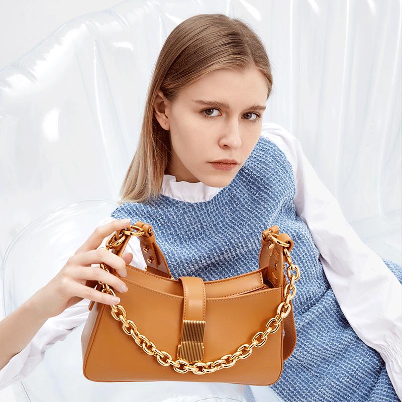 Charles & Keith Fashion Minimalist Trendy Chain Faux Leather Shoulder Bag Women Shoulder Bag Black Beige Green CK2-20781726-1