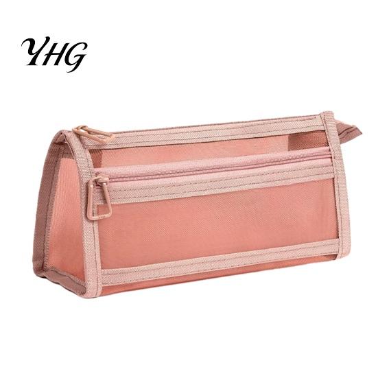 Wear Resistant Stationery Pouch Mesh Pencil Case with Zipper, Double Layer Large Capacity Compact Makeup Brush Holder Organizer, Transparent