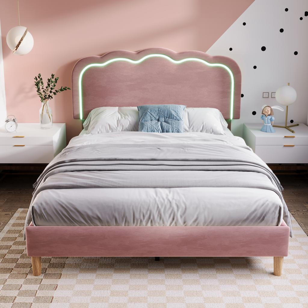Letto imbottito LED Matrimoniale 140 x 200cm, Struttura letto con rete a doghe e testiera regolabile, in Rosa, Letto per ragazzi/e Camera da letto Stanza degli ospiti-Velluto