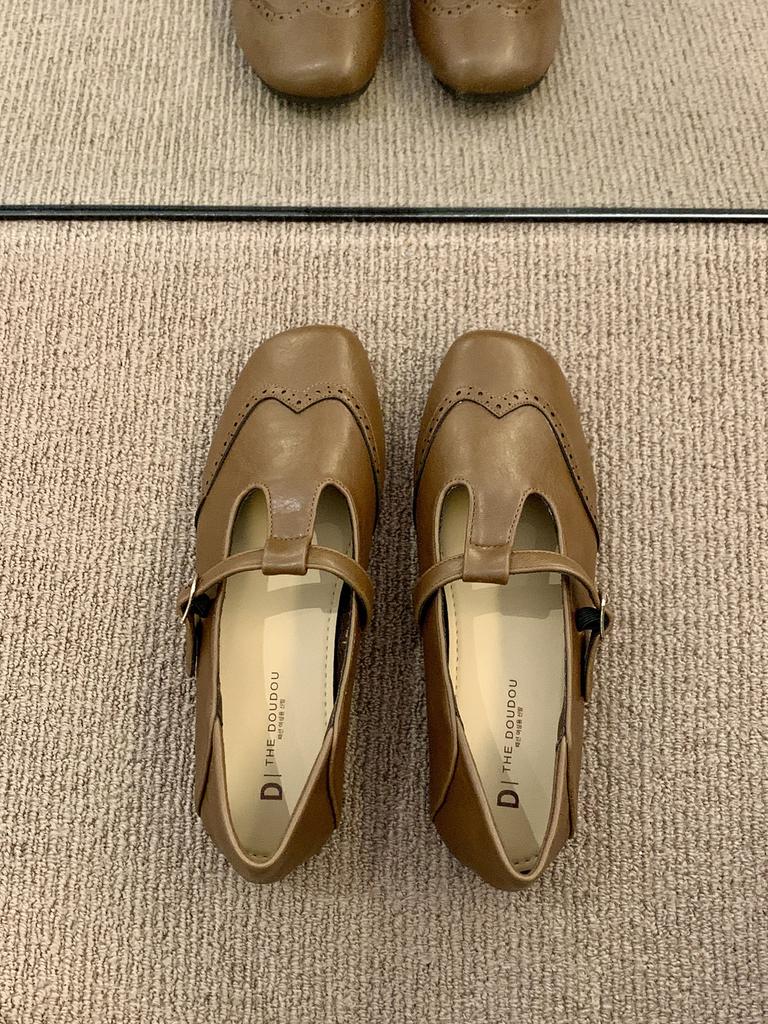 THEDOUDOU Korean Version Retro Black Small Leather Shoes Women's 2025 Autumn Flat Bottom Shallow Mouth Single Shoes Flat Bottom Mary Jane