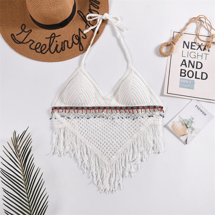 Lace-up Neck Small Vest, Sling Women's Summer Short Style with Chest Pad Inside, Backless Hollow Tube Top Embroidered Vest