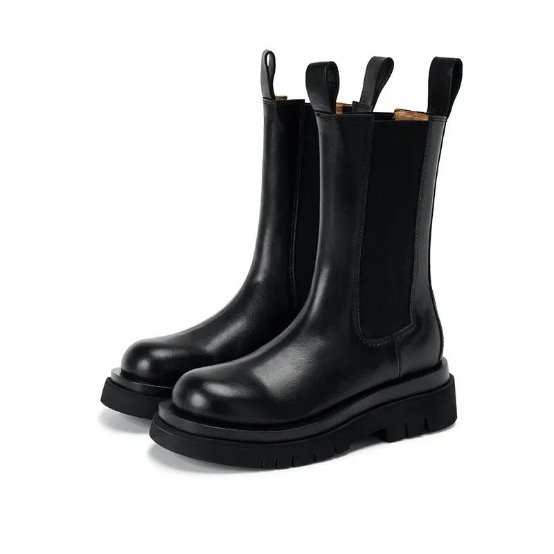 Klassikere Chelsea Boots Dame Svarte Ankelstøvletter Høst Vinter Sko Ekte skinn Platform Korte støvletter Slip on Elastisk bånd