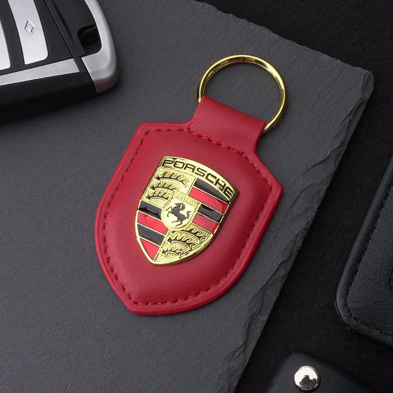 High Quality PU Leather Car Keychain Shield Alloy Keyring Pendant Gift For Porsche Cayenne Panamera Macan Boxster Cayman Sticker Mszh62