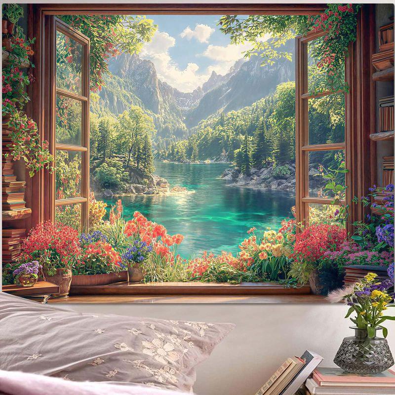 Winter Window View Tapestry Wall Hanging Snowy Castle Giant Mushroom Aurora Aesthetic Wall Art Bedroom Dorm Decor