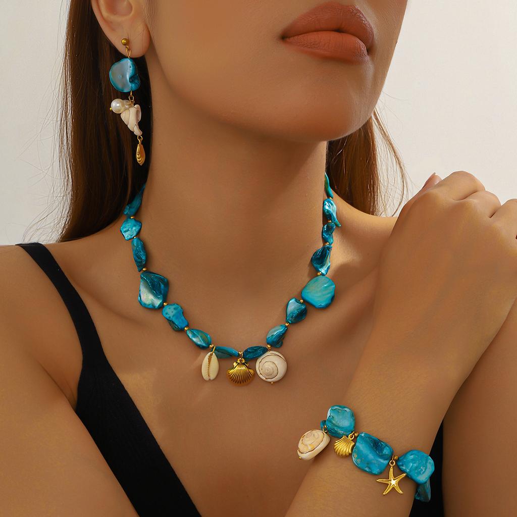 DIEYURO 316L Stainless Steel Starfish Irregular Blue Stone Conch Bracelet For Women Classic Wrist Chain Jewelry Party Gift