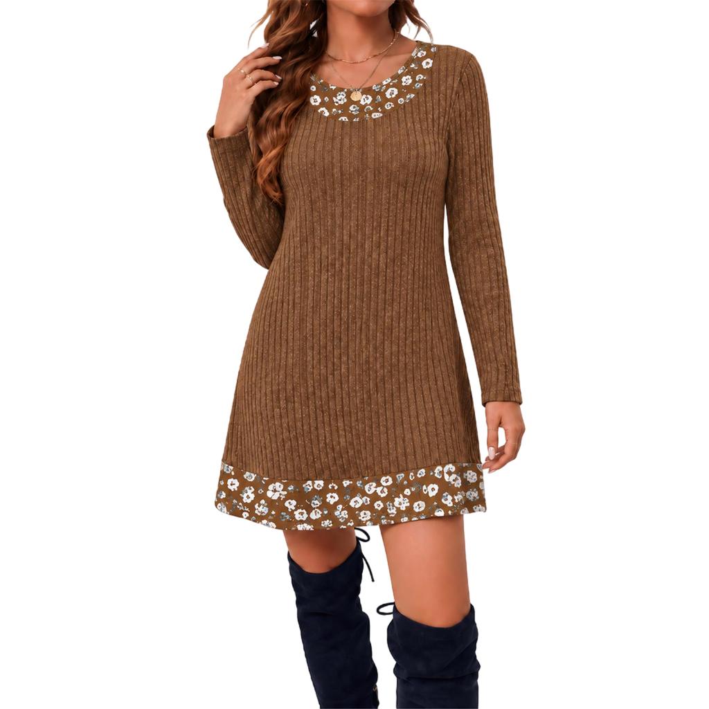 Women's Casual Round Neck Long Sleeve Plaid Patchwork Tunic Top Mid Length Blouse for Daily Wear