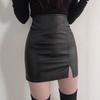 Women's High Waist Pencil Mini Skirt Faux Leather Solid Color Side Split PU Short Skirt