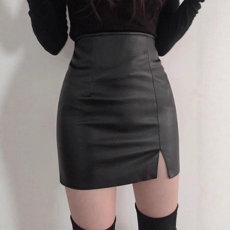 Women's High Waist Pencil Mini Skirt Faux Leather Solid Color Side Split PU Short Skirt