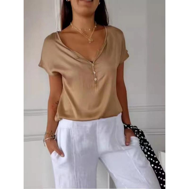 

Summer Loose Casual Simple Commuter Short Sleeved Women Blouse Elegant Office Fashion Shirts Solid Color Plus Size Top Streetwear Buttons T-shirt S світло-коричневого кольору