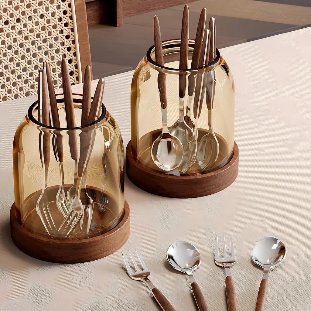 Retro Fruit Fork & Coffee Spoon Set, 304 Stainless Steel Cutlery with Glass Jar & Wooden Base for Dessert & Table Decor