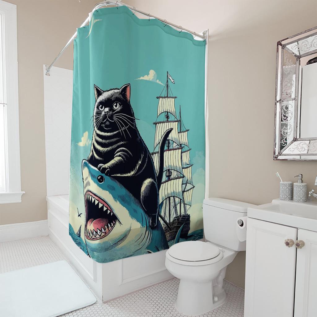 Funny Black Cat Riding Shark Shower Curtain, Vintage Nautical Ocean Sailing Ship Decor, Retro Art Fabric Bathroom Curtain