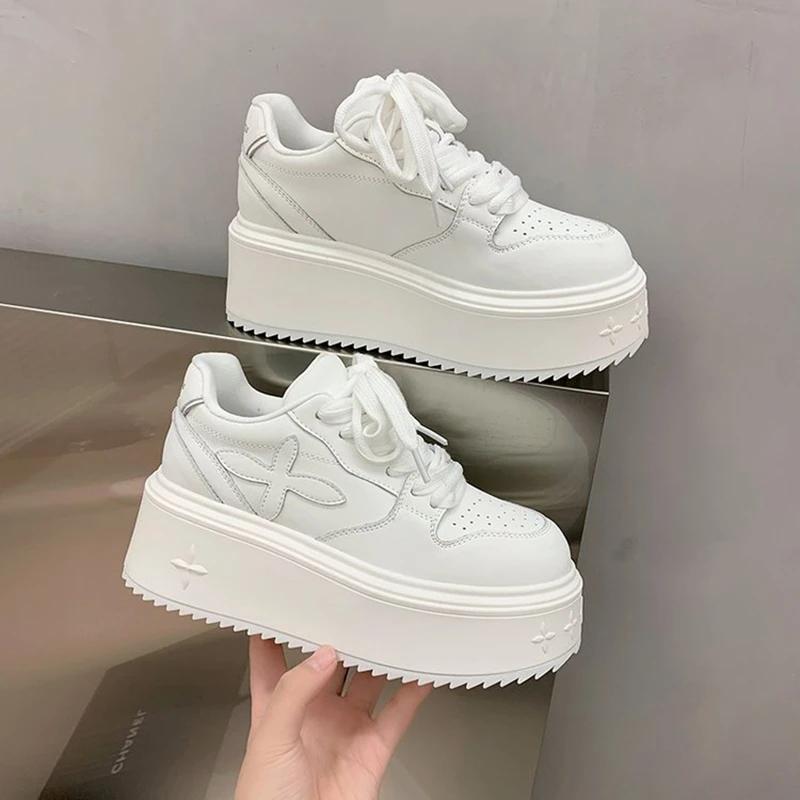 Spring and Autumn New Style Comfortable Height Thick-soled Women's Sports Shoes Fashionable Casual White Shoes