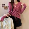Spring Bottom Shirt Versatile Drawstring Design Unique Neckline Solid Color Top