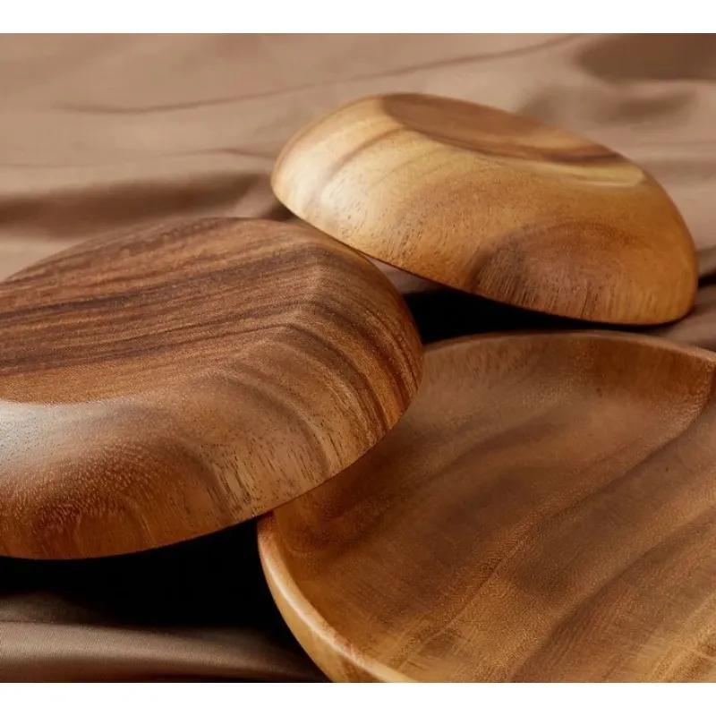 1pc Kitchen Round Wooden Dried Fruit Tray Snack Plate Handcraft Food Dish Tray Walnut Wood Tableware Japanese Kitchen Cake Stand