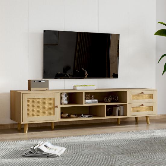 TV Cabinet Premium 160cm Wood-Colored Rattan for 70-Inch TV-Cable Management 2 Drawers Entertainment Center 1 Door Cabinet Base Living Room