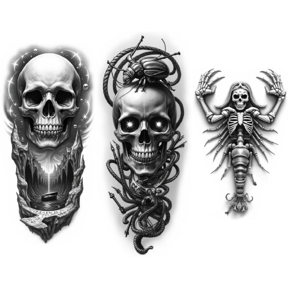 3pcs Temporary Tattoo Tattoo Skull Realistic Temporary Tattoos Skull And Rainbow Crow Skeleton Black And Grey Realism For Men