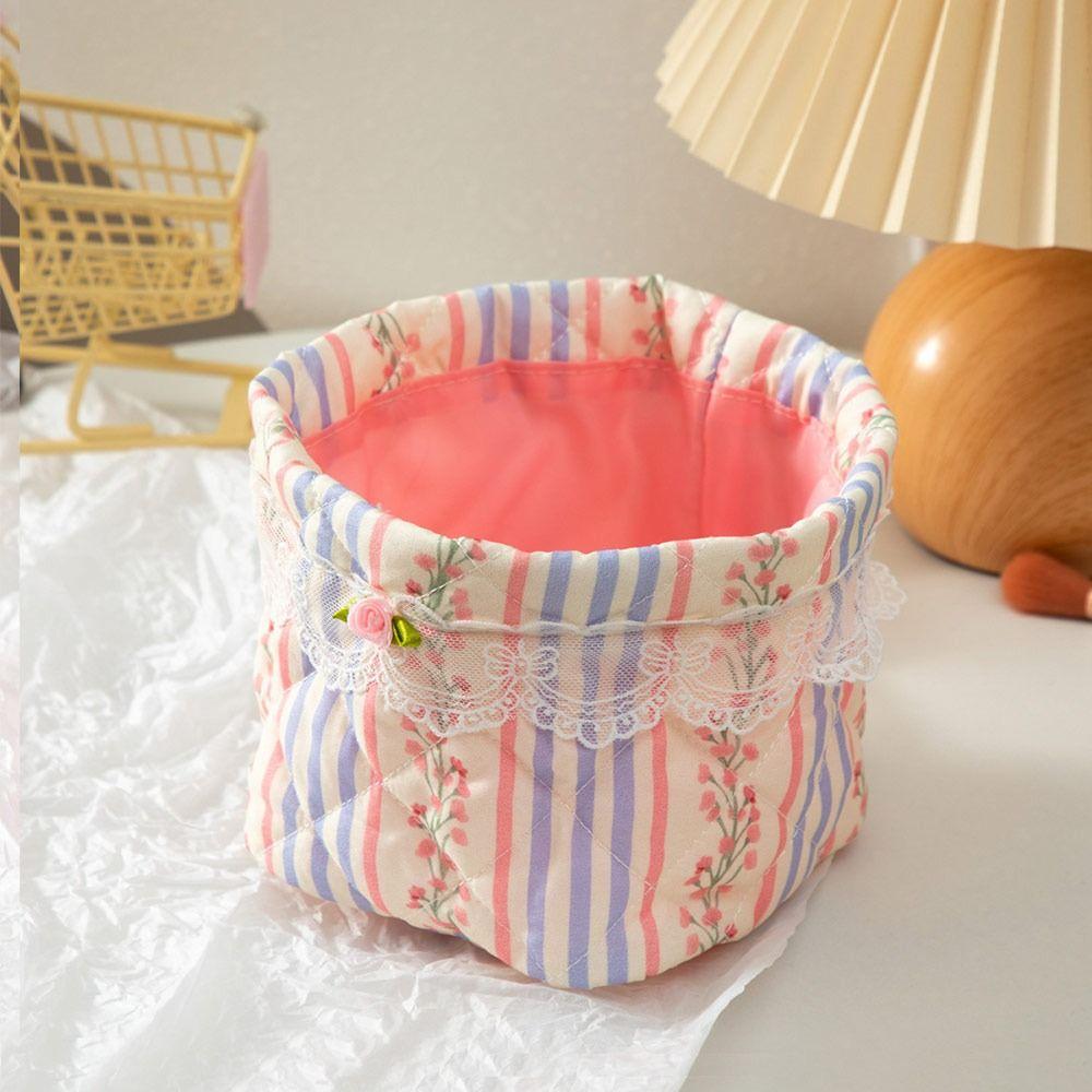 Trendy Quilting Cotton Desktop Storage Basket Lace Bowknot Decor Large-capacity Storage Box Desktop Organizer Desktop