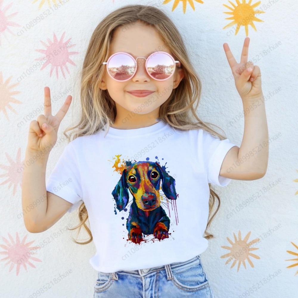 Dachshund Teckel Cute Dog Print Tee Funny T-shirts Baby Boy Girl Tshirt Kids Boys Top Child Summer Short Sleeve White Tops