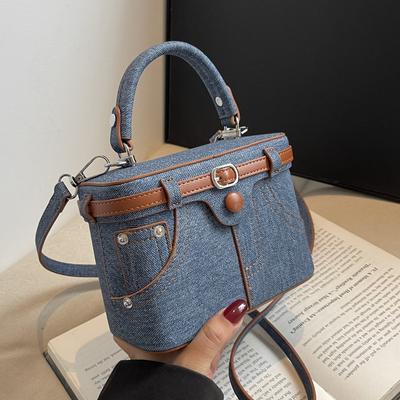 Trendy Korean Version of Fashionable Denim Texture Hand-carried Box Bag, Personalized Versatile Niche Design Messenger Bag Woman