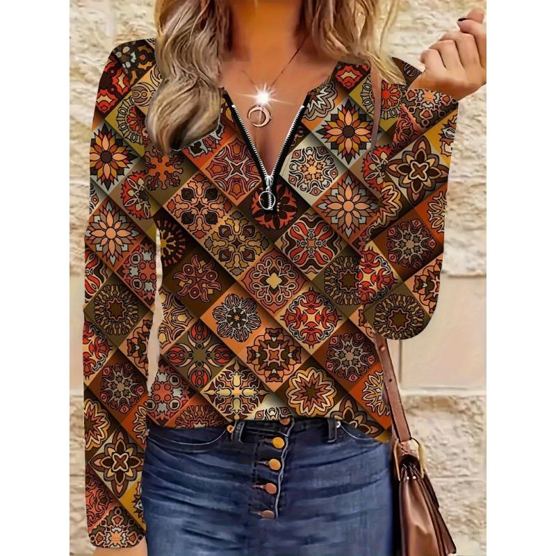 Women's Casual Zip-up Long-sleeve Top, Lightweight and Comfortable, Machine Washable, with a Vintage Artistic Design, Perfect for Everyday Wear