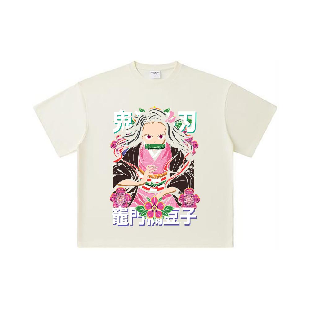 260 GSM Double Yarn 32 Count 100% Cotton Demon Slayer V70 Nezuko Flower Print Unisex Heavy Cotton T Shirt