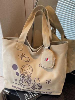 2025 Women's Large Capacity Versatile Canvas Tote - Autumn/Winter Printed Shoulder Bag for Casual College Use
