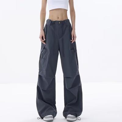 Retro Sports Style Personalized Pocket Pleated Work Pants Thin and Slim Legs and Wide-leg Pants